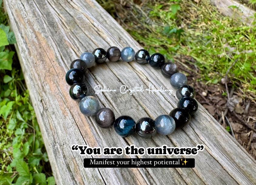 10MM Self Empowerment - Strength & Courage " You are the Universe " AAA Blue Tigers Eye - Labradorite - Obsidian Crystal Gemstone Bracelet