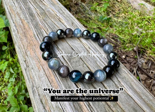 10MM Self Empowerment - Strength & Courage " You are the Universe " AAA Blue Tigers Eye - Labradorite - Obsidian Crystal Gemstone Bracelet