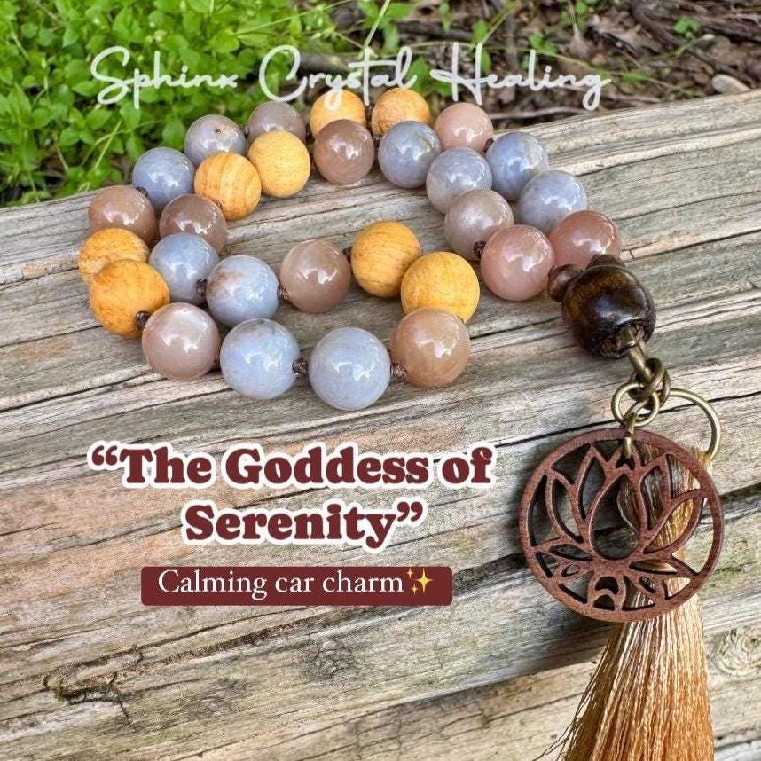 Emotional Healing & Stress Support Car Charm " Goddess of Serenity " AAA RARE Blue Rose Quartz - Moonstone - Palo Santo - Crystal Gemstones