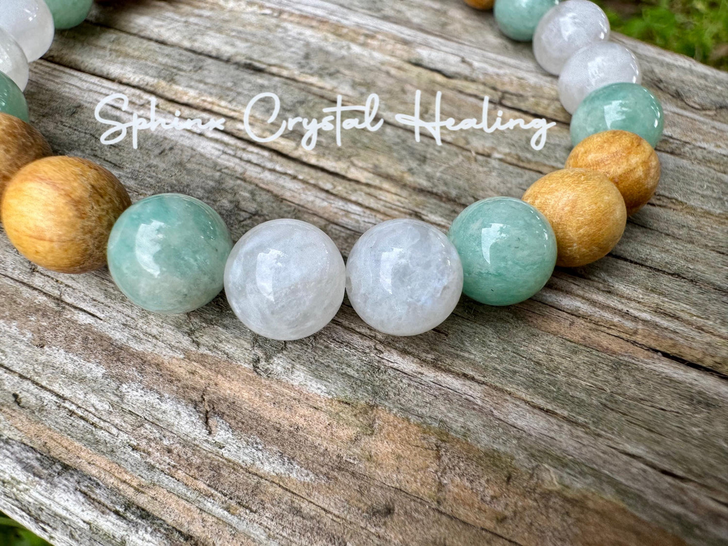 Inner Peace " Goddess of Harmony " Self Care & Calming Stress Support - Moonstone - Amazonite - Palo Santo Gemstone Crystal Bracelet