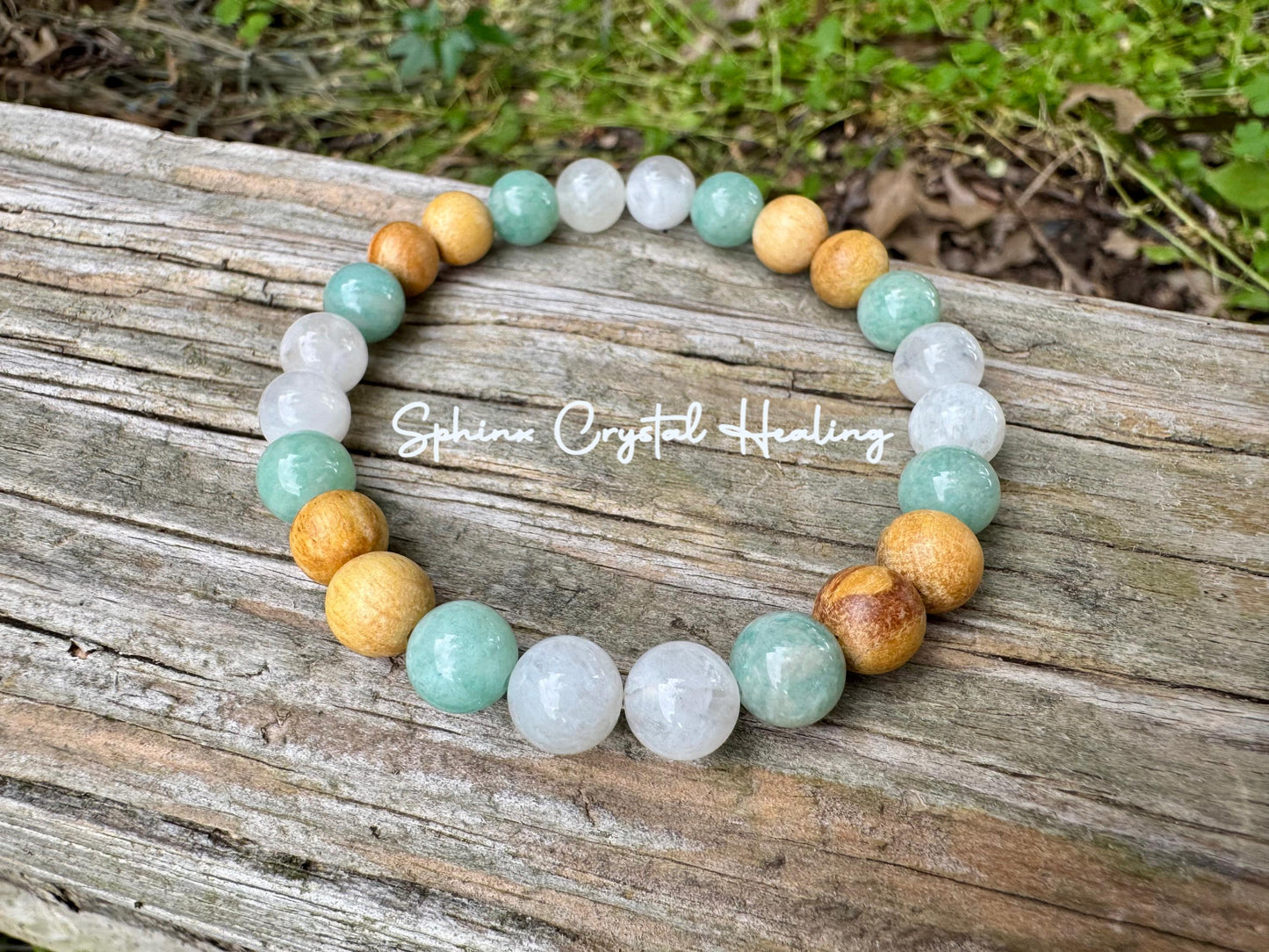 Inner Peace " Goddess of Harmony " Self Care & Calming Stress Support - Moonstone - Amazonite - Palo Santo Gemstone Crystal Bracelet