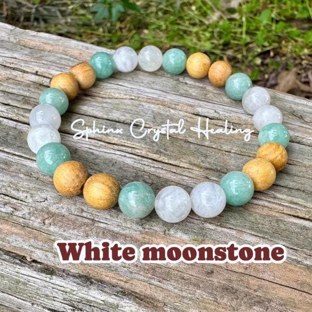 Stress Support " Goddess of Harmony " Peace and Calming Energy - Moonstone - Amazonite - Palo Santo - Crystal Healing Gemstone Bracelet