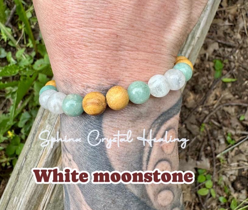 Stress Support " Goddess of Harmony " Peace and Calming Energy - Moonstone - Amazonite - Palo Santo - Crystal Healing Gemstone Bracelet