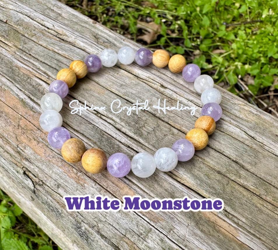 Aura Shield " Goddess of The Violet Flame " Empath Support & Protection - Moonstone - Amethyst - Palo Santo - Crystal Gemstone Bracelet