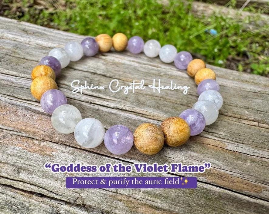 Aura Shield " Goddess of The Violet Flame " Healer Protection & Support - Moonstone - Amethyst - Palo Santo - Spiritual Gemstone Bracelet