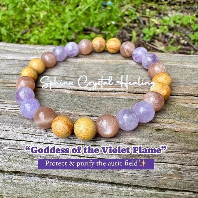 Aura Shield " Goddess of The Violet Flame " Empath Support & Protection - Moonstone - Amethyst - Palo Santo - Crystal Gemstone Bracelet