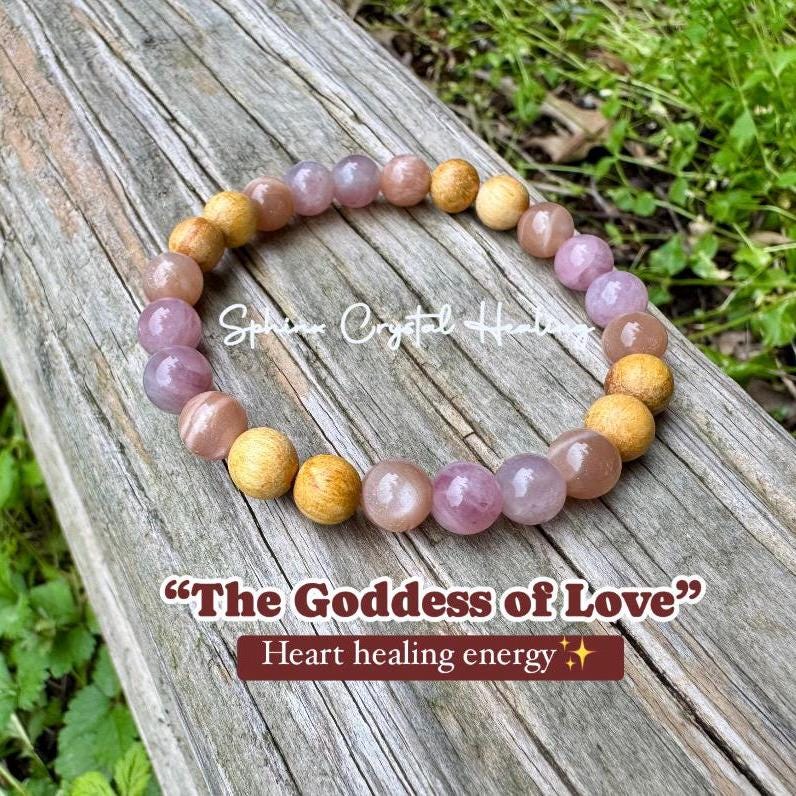 Divine Feminine " Goddess of Love " Emotional Heart Healing - Self Care - AAA Moonstone - Rose Quartz - Palo Santo Gemstone Crystal Bracelet