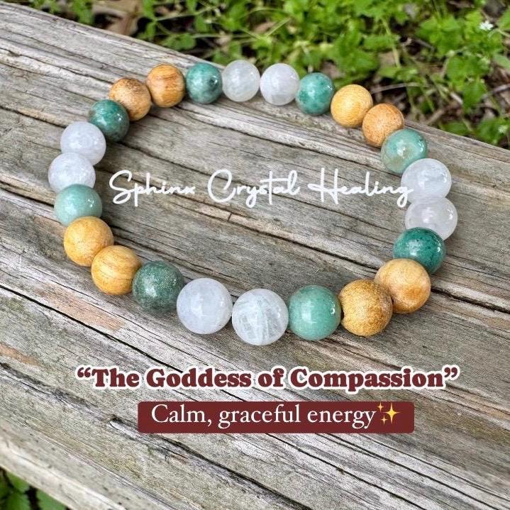 Self Love & Grace " Goddess of Compassion " Emotional Support - Heart Chakra - Moonstone - Chrysoprase - Palo Santo Gemstone Bracelet