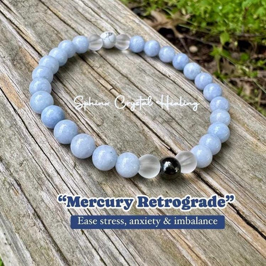 Mercury Retrograde - Stress Relief - Self Reflection - Emotional Support - AAA Pale Blue Aquamarine & Hematite - Real Gemstone Bracelet