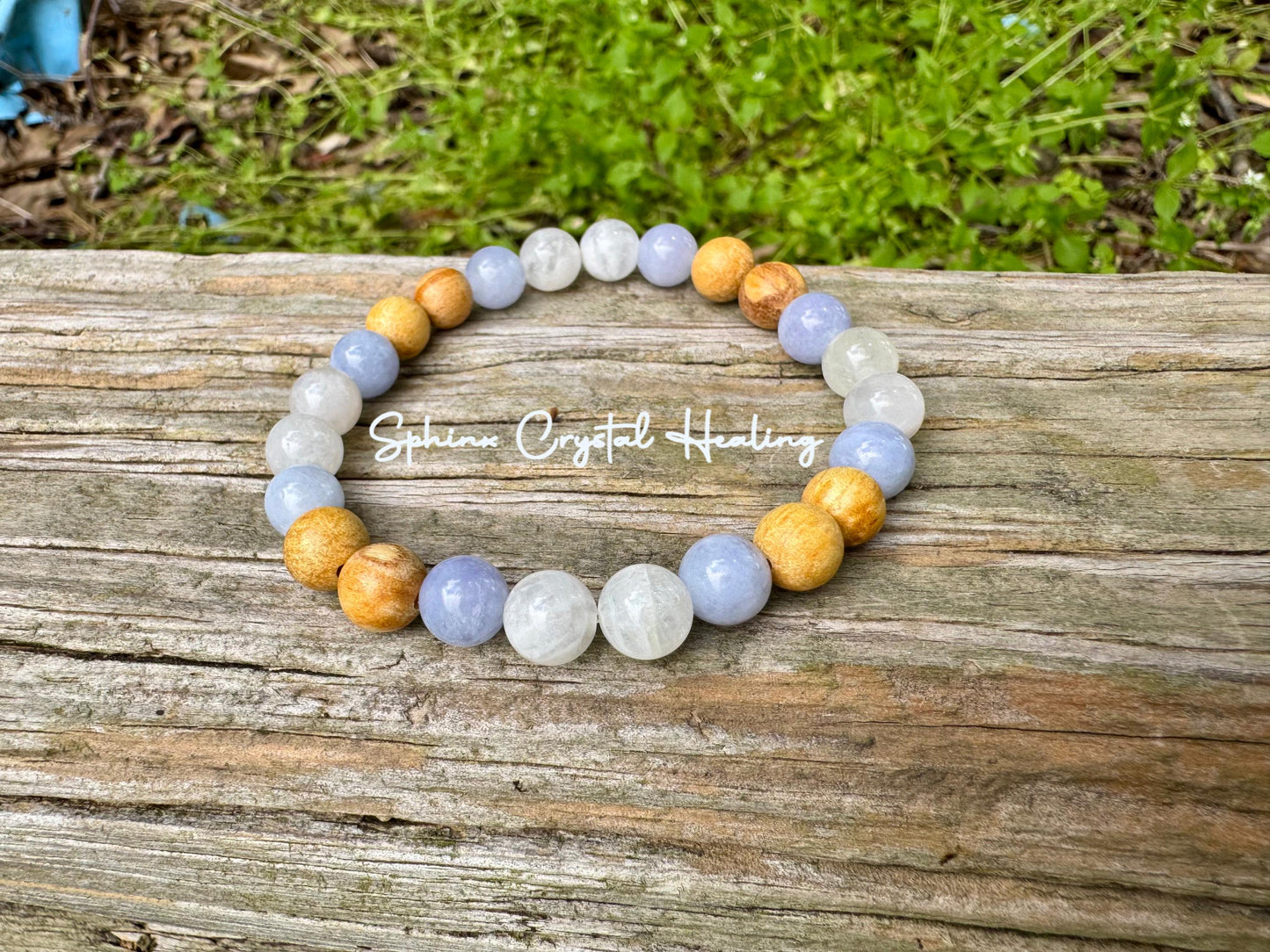 Stress Anxiety Support " Goddess of Calm Waters " Communication & Self Expression - AAA Moonstone - Palo Santo - Aquamarine Crystal Bracelet