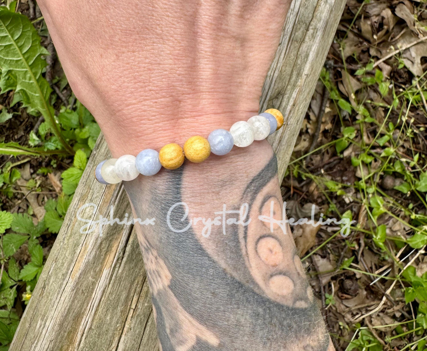 Stress Anxiety Support " Goddess of Calm Waters " Communication & Self Expression - AAA Moonstone - Palo Santo - Aquamarine Crystal Bracelet