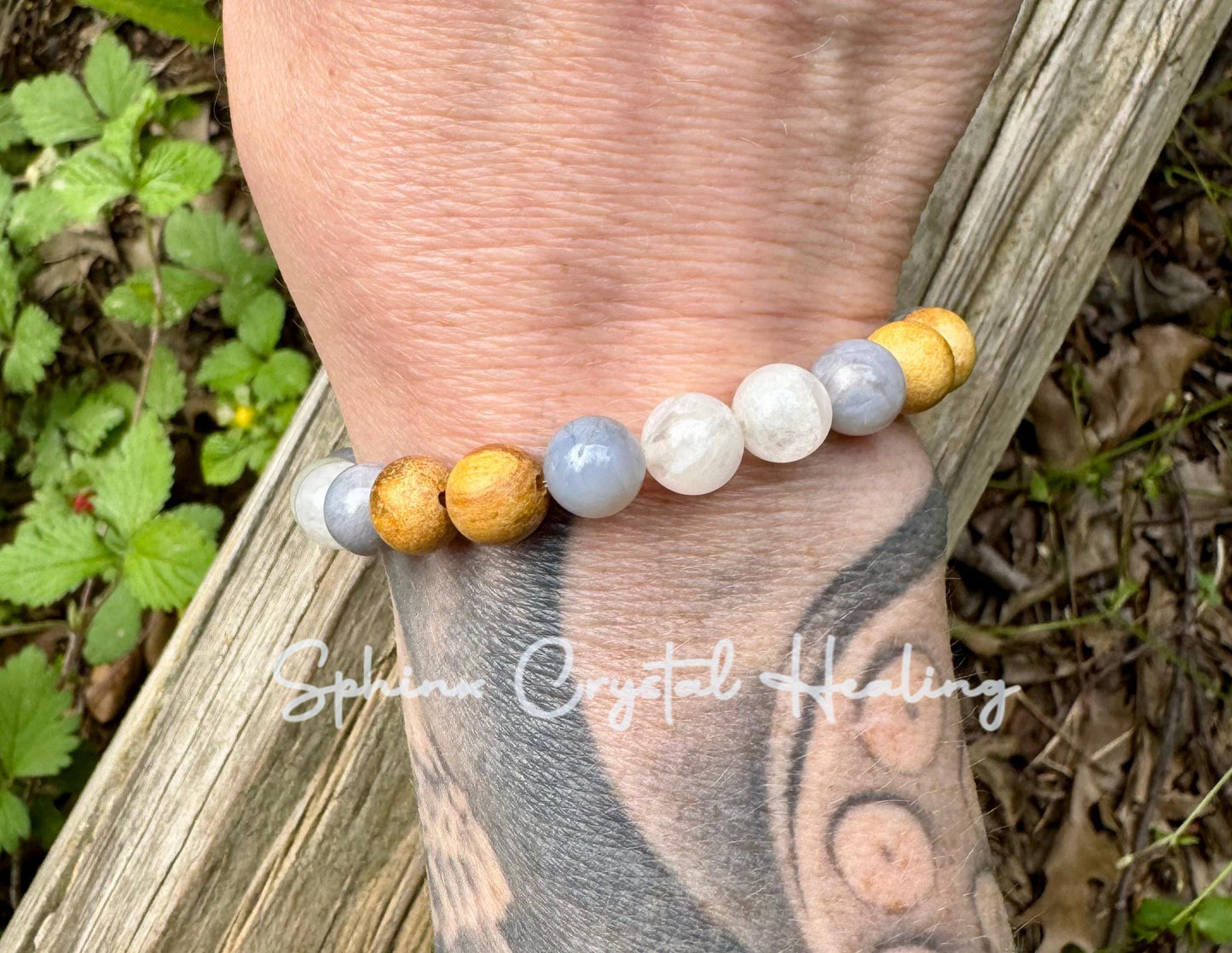 RARE Blue Rose Quartz - Emotional Healing & Stress Support " Goddess of Serenity " Moonstone - Palo Santo - AAA Crystal Gemstone Bracelet