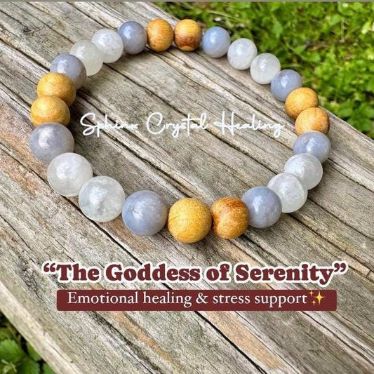 RARE Blue Rose Quartz - Emotional Healing & Stress Support " Goddess of Serenity " Moonstone - Palo Santo - AAA Crystal Gemstone Bracelet