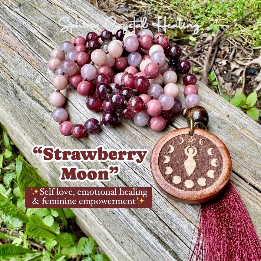 Only One - Self Love & Emotional Healing Mala Necklace - Feminine Energy " Strawberry Moon " RARE Strawberry Quartz - Eudialyte - Moonstone