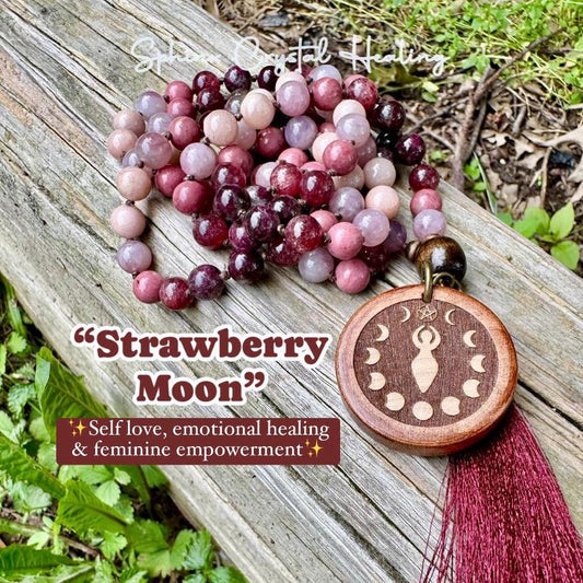 Only One - Self Love & Emotional Healing Mala Necklace - Feminine Energy " Strawberry Moon " RARE Strawberry Quartz - Eudialyte - Moonstone