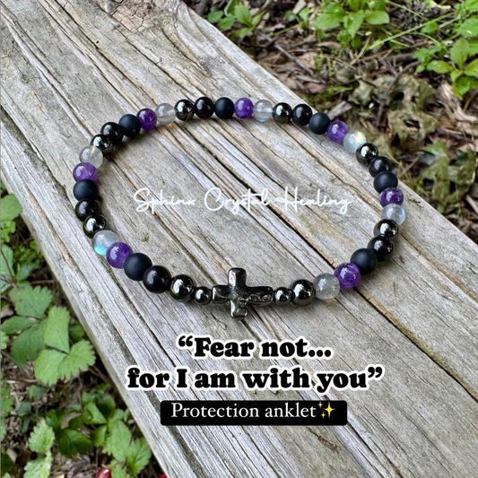Christian Empath Anklet - EMF Protection “ Fear Not " Anxiety & Stress - Shungite - Amethyst - Labradorite - Onyx Crystal Healing Gemstones