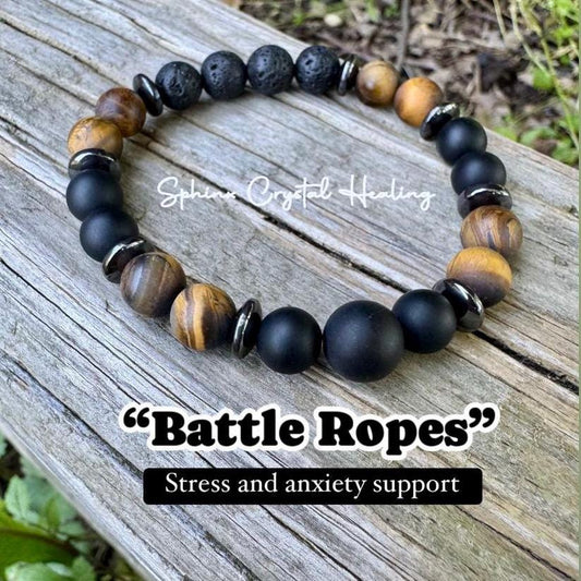Anxiety Support - Aura Protection " Battle Ropes " - Strength & Courage - Tigers Eye Onyx - Quality Gemstones - Crystal Healing Bracelet