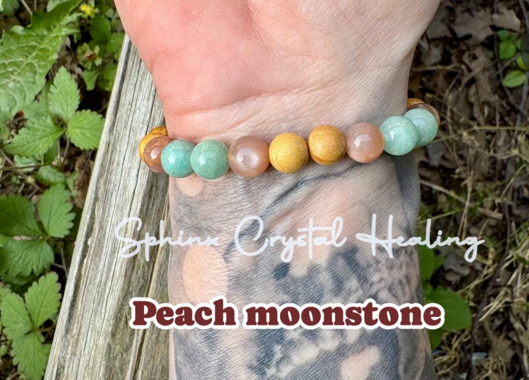 Inner Peace " Goddess of Harmony " Self Care & Calming Stress Support - Moonstone - Amazonite - Palo Santo Gemstone Crystal Bracelet