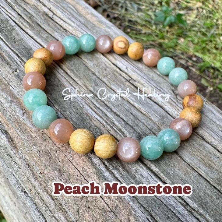 Inner Peace " Goddess of Harmony " Self Care & Calming Stress Support - Moonstone - Amazonite - Palo Santo Gemstone Crystal Bracelet