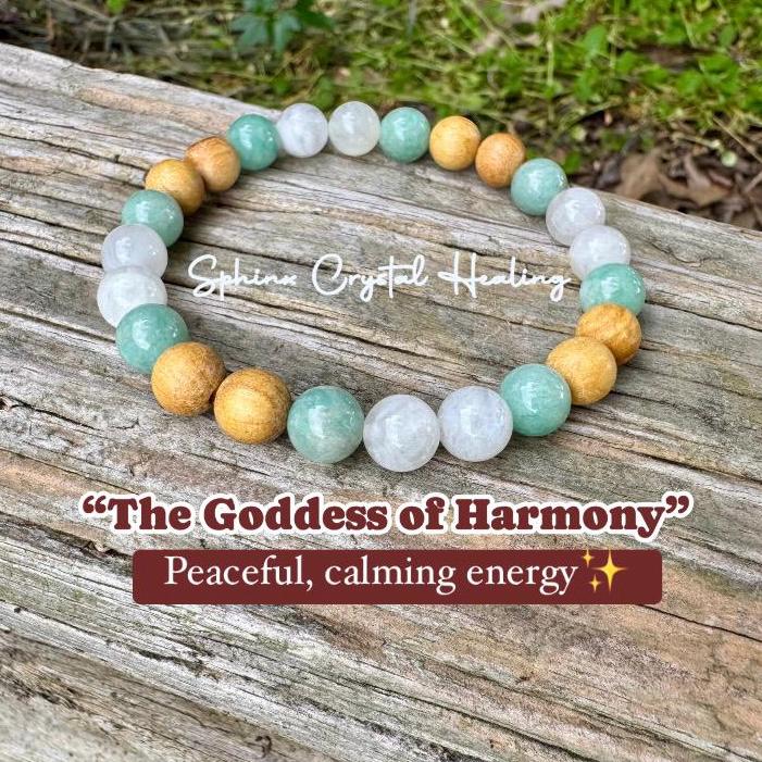 Inner Peace " Goddess of Harmony " Self Care & Calming Stress Support - Moonstone - Amazonite - Palo Santo Gemstone Crystal Bracelet