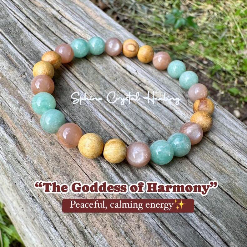 Stress Support " Goddess of Harmony " Peace and Calming Energy - Moonstone - Amazonite - Palo Santo - Crystal Healing Gemstone Bracelet