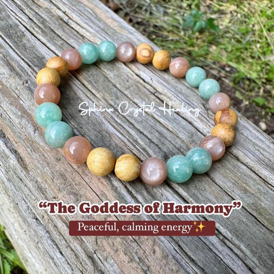 Stress Support " Goddess of Harmony " Peace and Calming Energy - Moonstone - Amazonite - Palo Santo - Crystal Healing Gemstone Bracelet