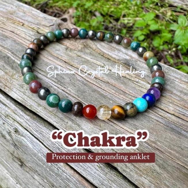 Grounding Anklet - Protection & Focus - Chakra Energy Balance - Crystal Healing Gemstones - High Quality Moss Agate - Pyrite - Bronzite