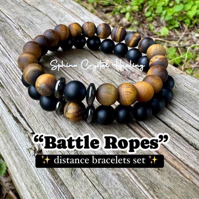 Stress Support - Distance Bracelets " Battle Ropes " Couples Friendship Family - Crystal Healing & Spiritual Connection - Tigers Eye - Onyx