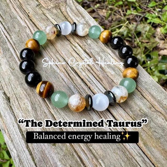 Taurus Energy Bracelet " The Determined Taurus " April May Birthday - Crystal Gemstones - Black Tourmaline - Citrine - Tigers Eye - Selenite