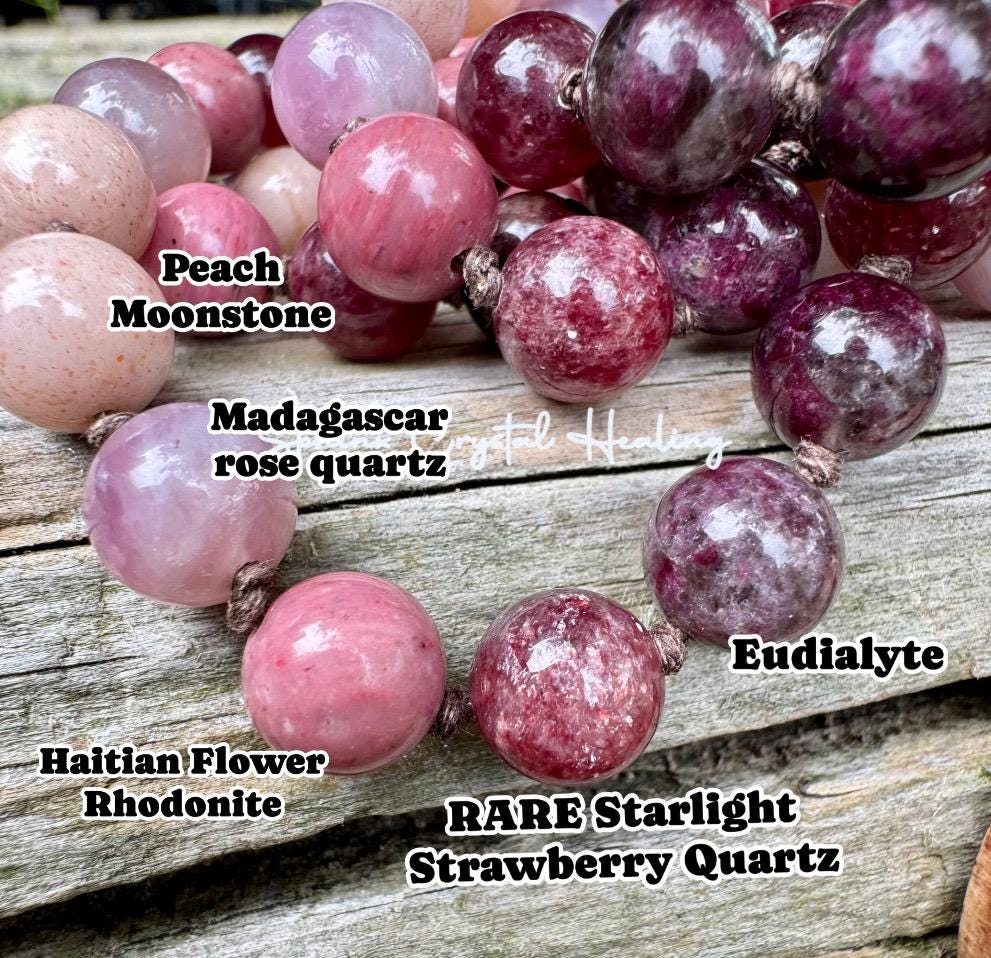 Only One - Self Love & Emotional Healing Mala Necklace - Feminine Energy " Strawberry Moon " RARE Strawberry Quartz - Eudialyte - Moonstone