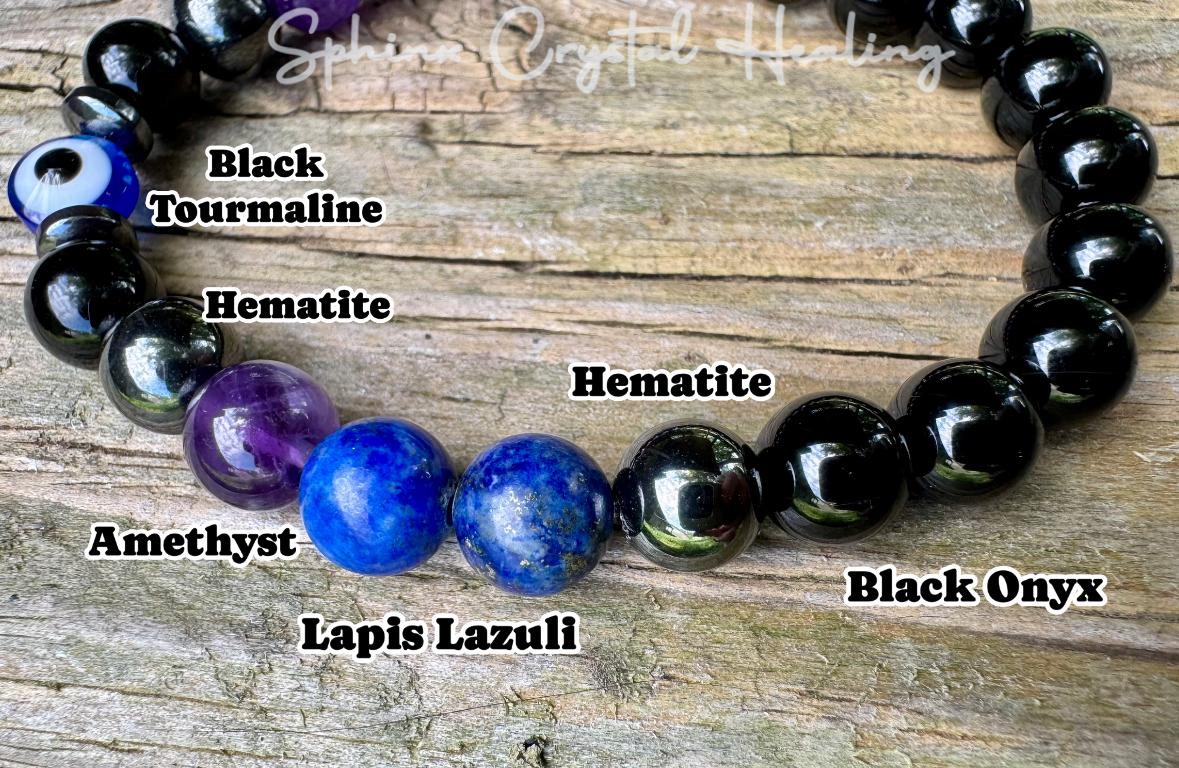 8mm Aura Shield - Protection & Intuition " Nice Try Evil Eye " Nazaar Amulet - AAA Lapis - Black Tourmaline - Real Crystal Healing Gemstones