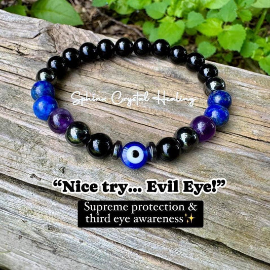 8mm Aura Shield - Protection & Intuition " Nice Try Evil Eye " Nazaar Amulet - AAA Lapis - Black Tourmaline - Real Crystal Healing Gemstones