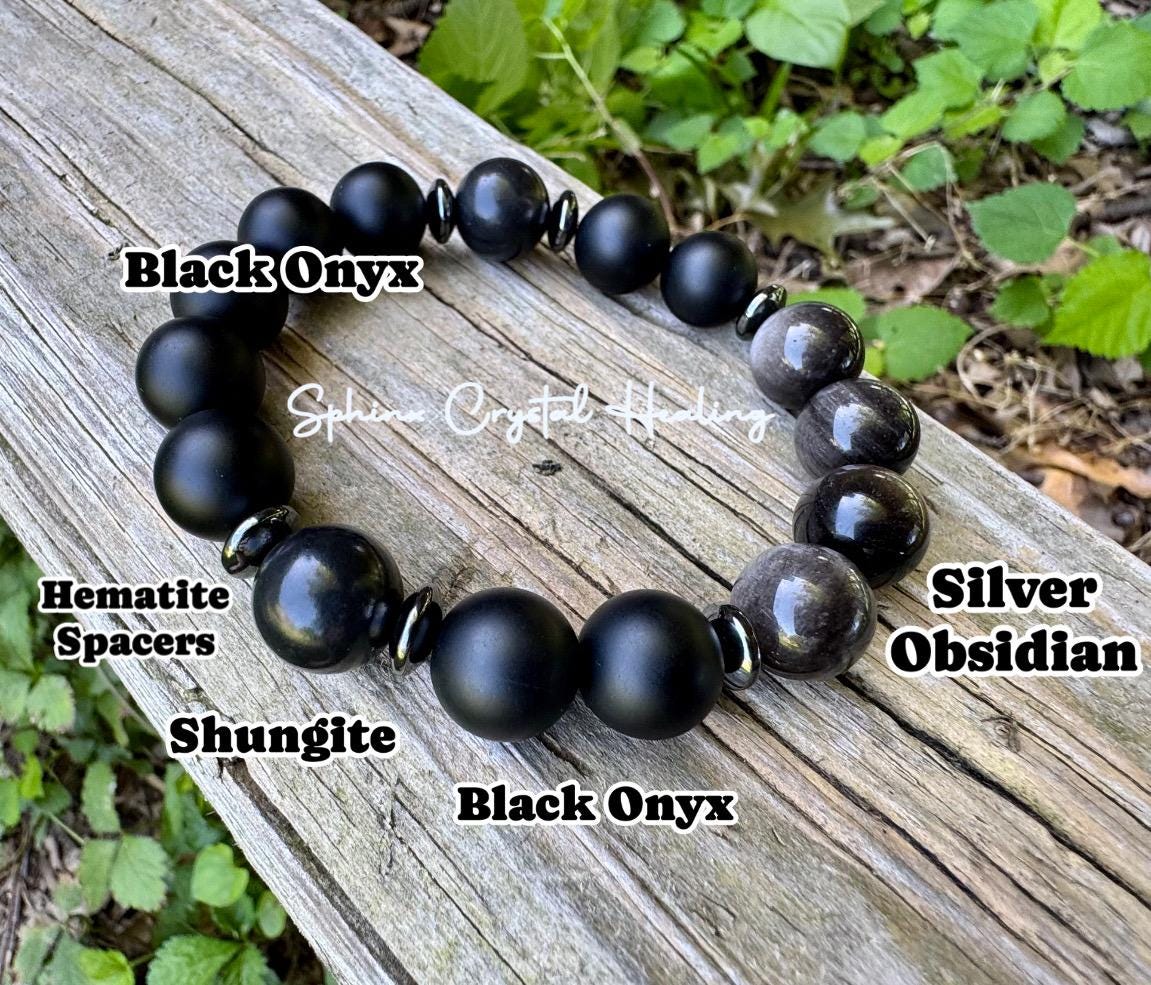 12MM Self Transformation & Spiritual Growth " Divine Reflection " Shungite EMF Protection - Onyx Obsidian Crystal Healing Gemstone Bracelet