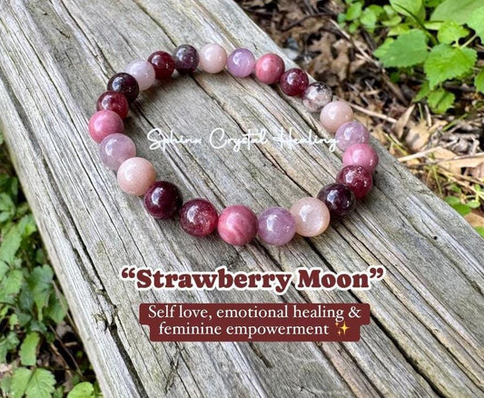 Self Love & Empowerment - RARE Strawberry Quartz  " Strawberry Moon " Emotional Healing - Eudialyte - Rose Quartz Crystal Gemstone Bracelet