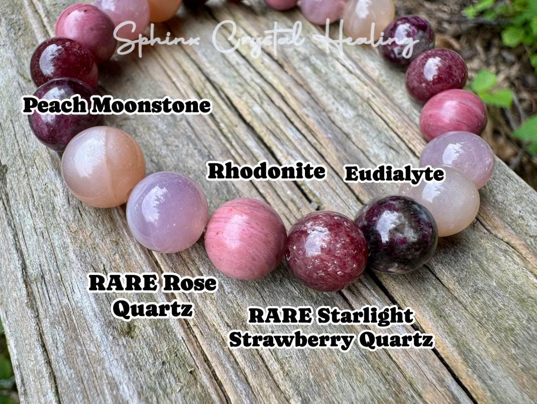 10mm Self Love & Empowerment - RARE Strawberry Quartz  " Strawberry Moon " Emotional Healing - Eudialyte - AAA Rose Quartz Crystal Bracelet