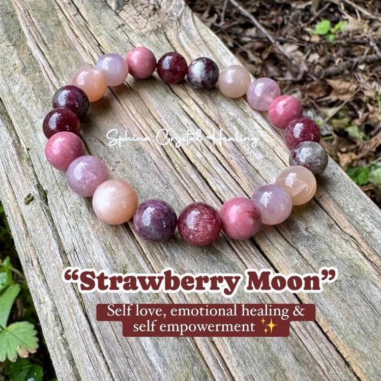 10mm Self Love & Empowerment - RARE Strawberry Quartz  " Strawberry Moon " Emotional Healing - Eudialyte - AAA Rose Quartz Crystal Bracelet