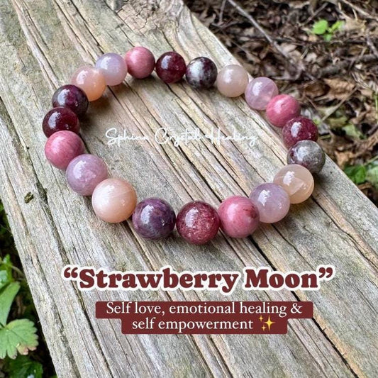 10mm Self Love & Empowerment - RARE Strawberry Quartz  " Strawberry Moon " Emotional Healing - Eudialyte - AAA Rose Quartz Crystal Bracelet