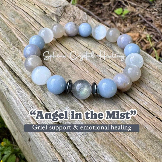 10mm Emotional Healing - Grief & Depression Support " Angel in the Mist " AAA RARE Blue Rose Quartz - Moonstone - Angelite  Crystal Bracelet
