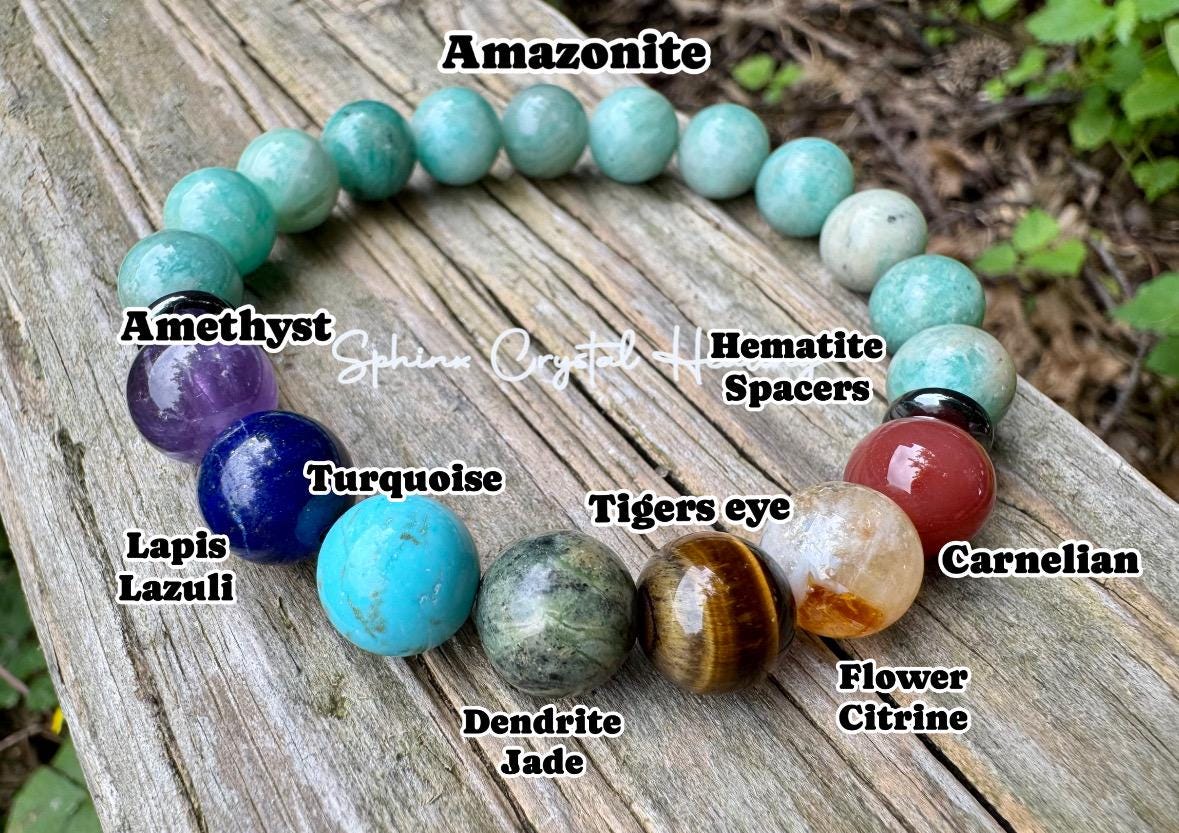 10mm Anxiety and Stress Support - Chakra Stones - Spiritual Healing - Amazonite - Amethyst - Citrine - Lapis - Carnelian Crystal Bracelet