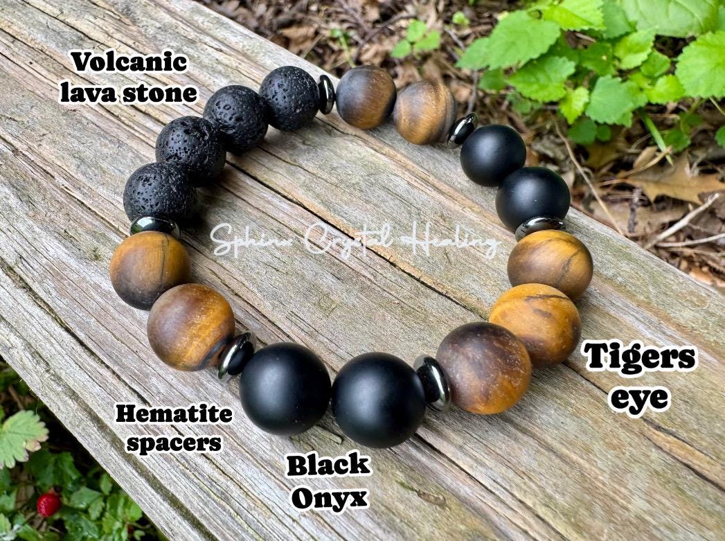 12mm Stress & Anxiety Support  - Strength and Protection " Battle Ropes " Courage - Tigers Eye - Onyx - Crystal Healing Gemstone Bracelet