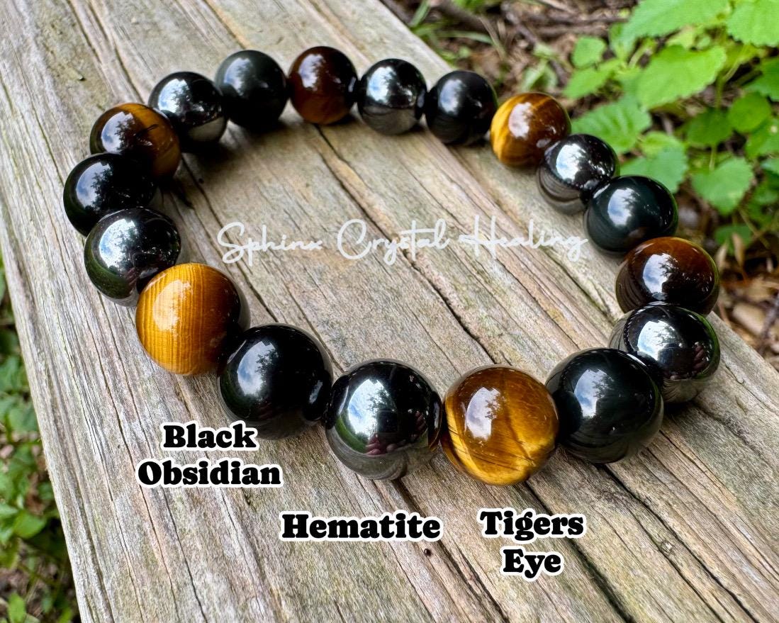12MM Protection Bracelet - Strength - Courage " Triple Threat " Aura Shield - Confidence - Anxiety and Stress Support - Crystal Gemstones