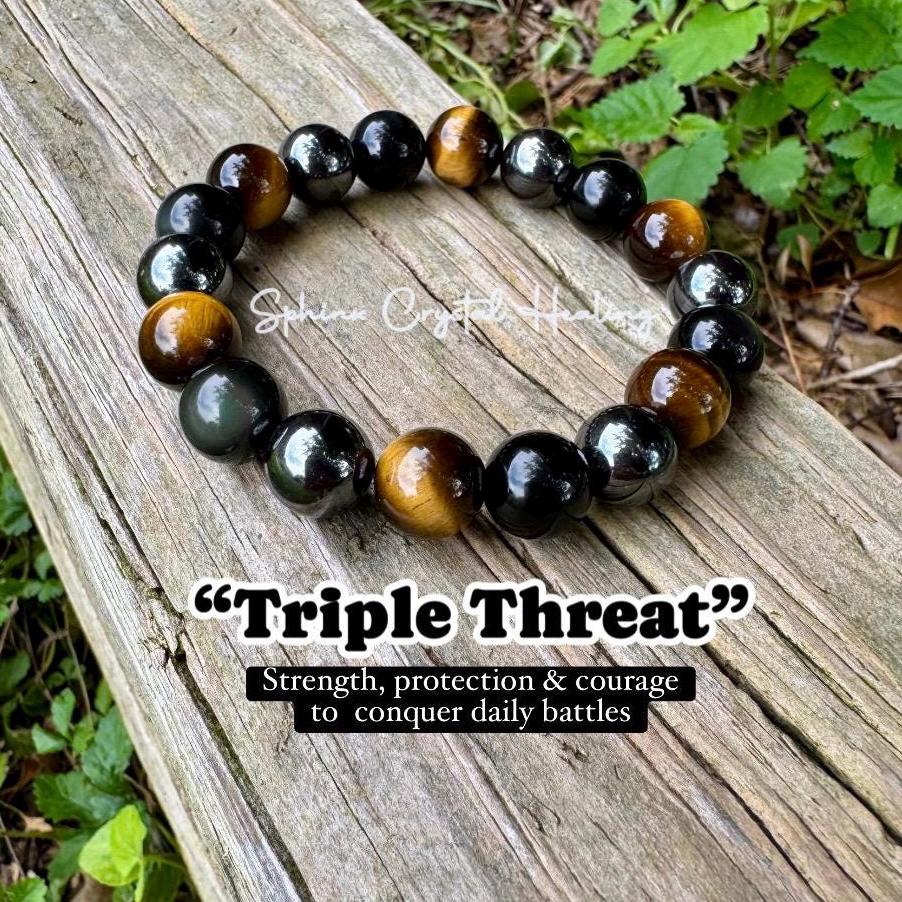 12MM Protection Bracelet - Strength - Courage " Triple Threat " Aura Shield - Confidence - Anxiety and Stress Support - Crystal Gemstones