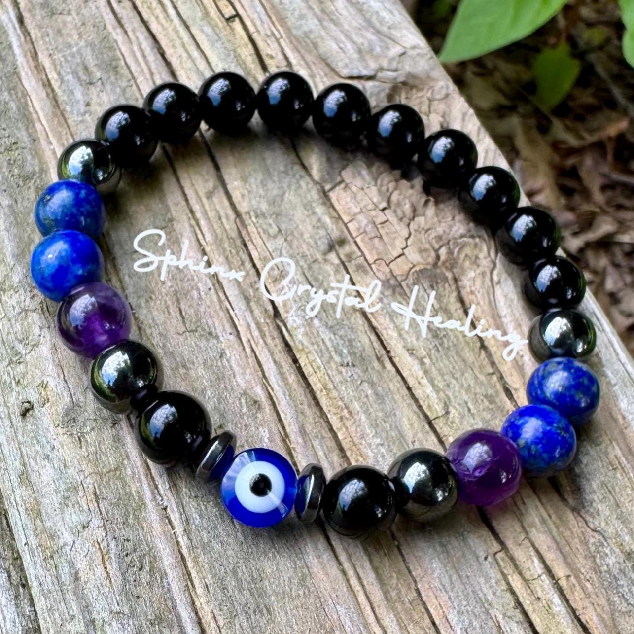 8mm Aura Shield - Protection & Intuition " Nice Try Evil Eye " Nazaar Amulet - AAA Lapis - Black Tourmaline - Real Crystal Healing Gemstones