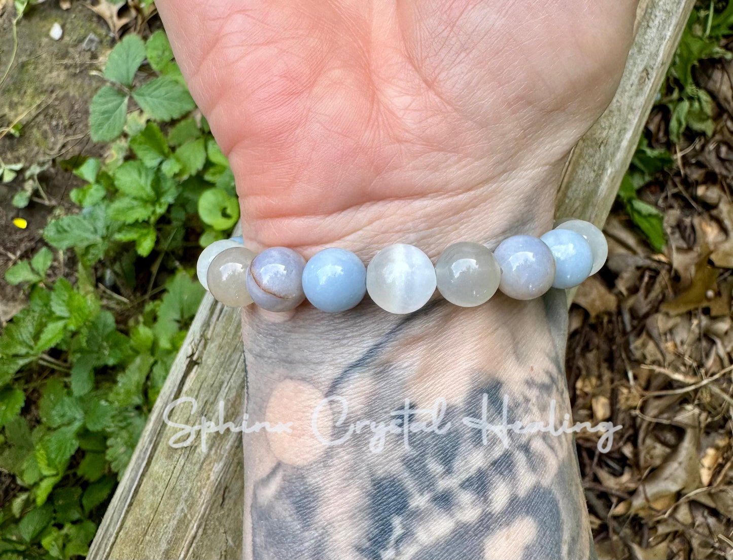 10mm Emotional Healing - Grief & Depression Support " Angel in the Mist " AAA RARE Blue Rose Quartz - Moonstone - Angelite  Crystal Bracelet