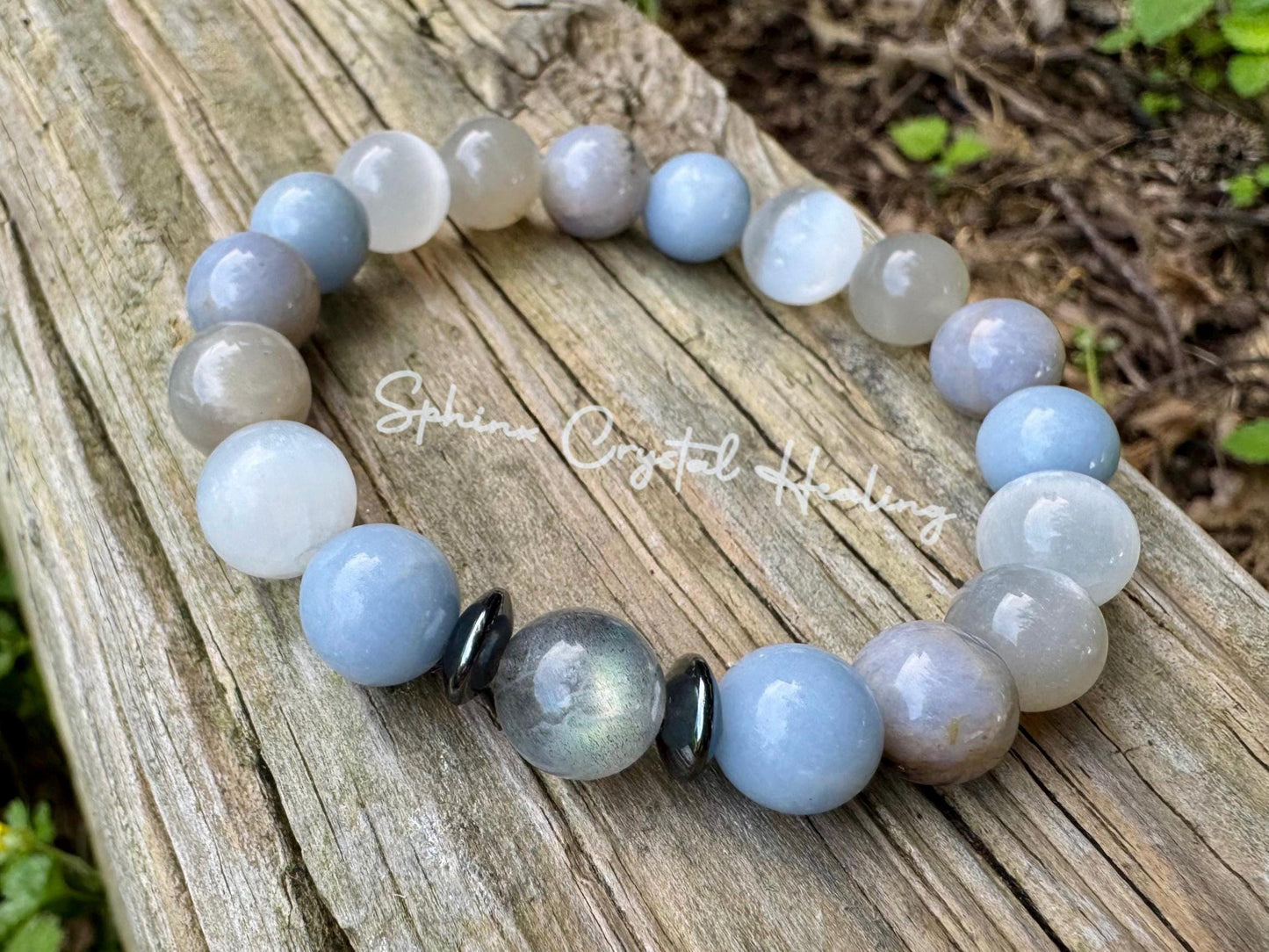 10mm Emotional Healing - Grief & Depression Support " Angel in the Mist " AAA RARE Blue Rose Quartz - Moonstone - Angelite  Crystal Bracelet