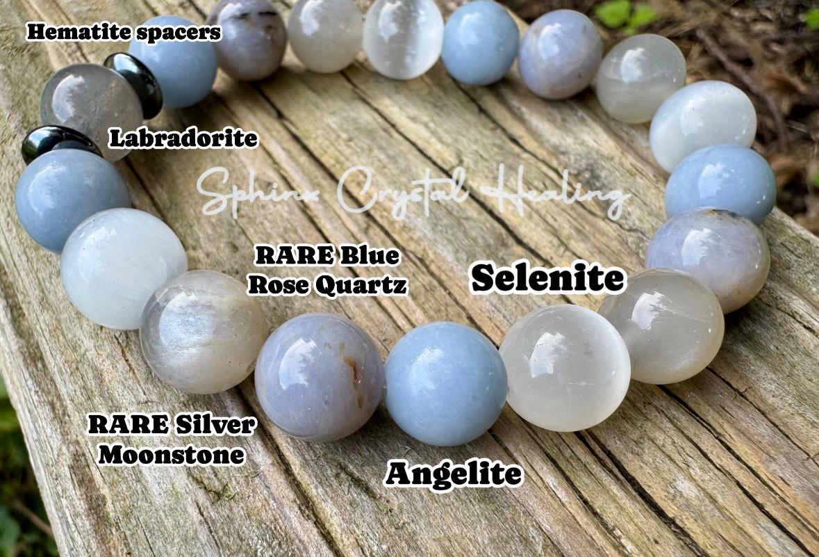 10mm Emotional Healing - Grief & Depression Support " Angel in the Mist " AAA RARE Blue Rose Quartz - Moonstone - Angelite  Crystal Bracelet