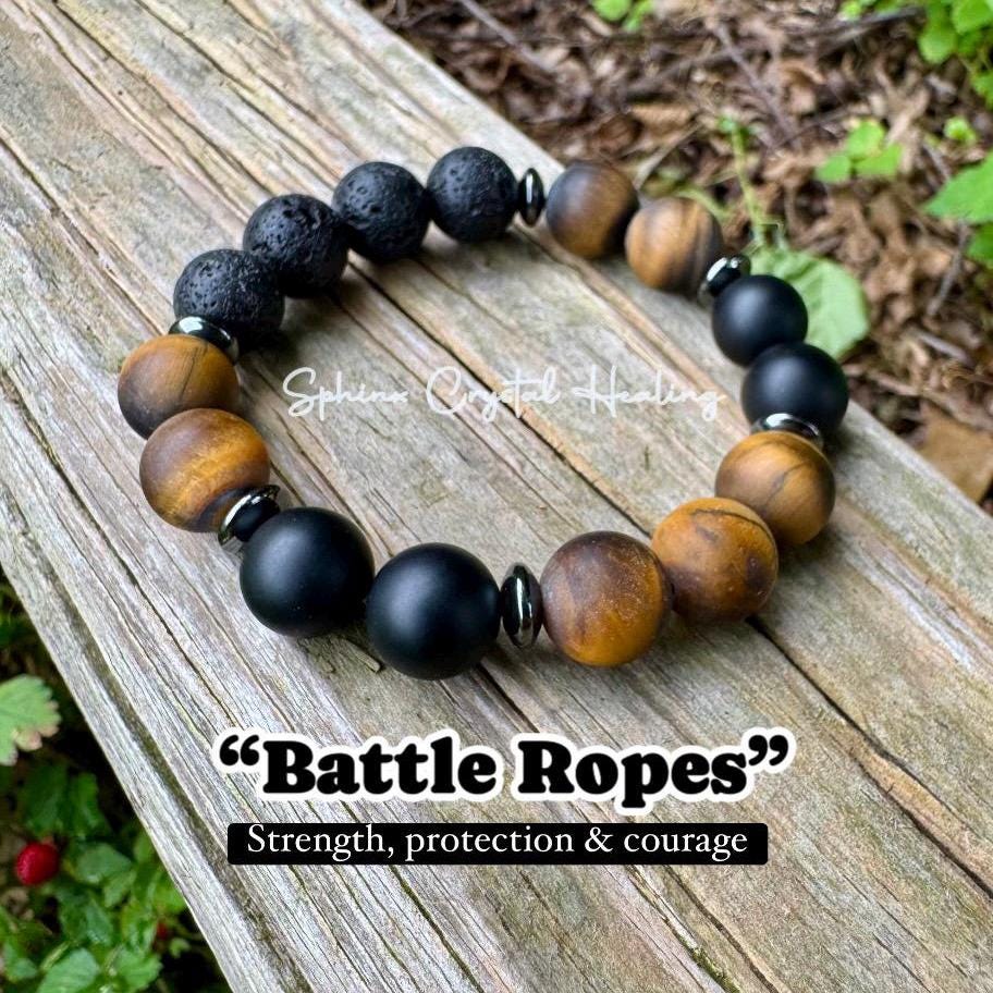 12mm Stress & Anxiety Support  - Strength and Protection " Battle Ropes " Courage - Tigers Eye - Onyx - Crystal Healing Gemstone Bracelet