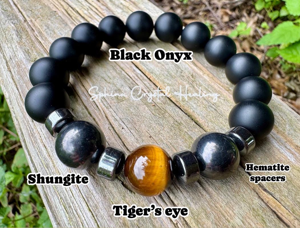 12mm EMF Protection - Strength & Courage " A Warrior's Battle Cry " AAA Shungite - Tigers Eye - Onyx - Real Crystal Gemstone Bracelet