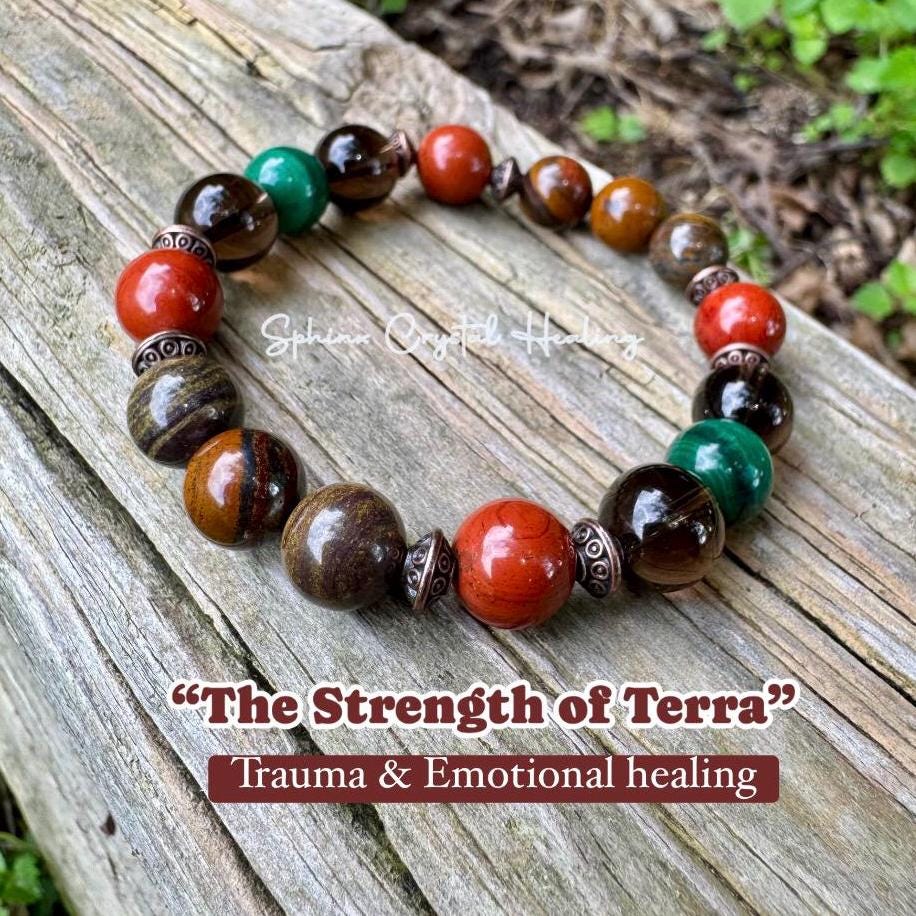 MENS 10MM - PTSD Trauma Recovery - Emotional Abuse Healing " The Strength Of Terra " Sadness - Depression - REAL Crystal Gemstone Bracelet