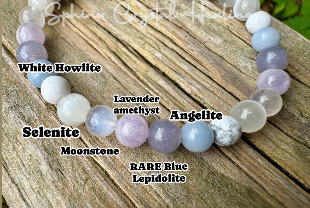 Sleep Rest & Recharge " Lavender Dreams " Moonstone - Angelite - Selenite - Howlite - Lepidolite - High Grade AAA Gemstone Crystal Bracelet